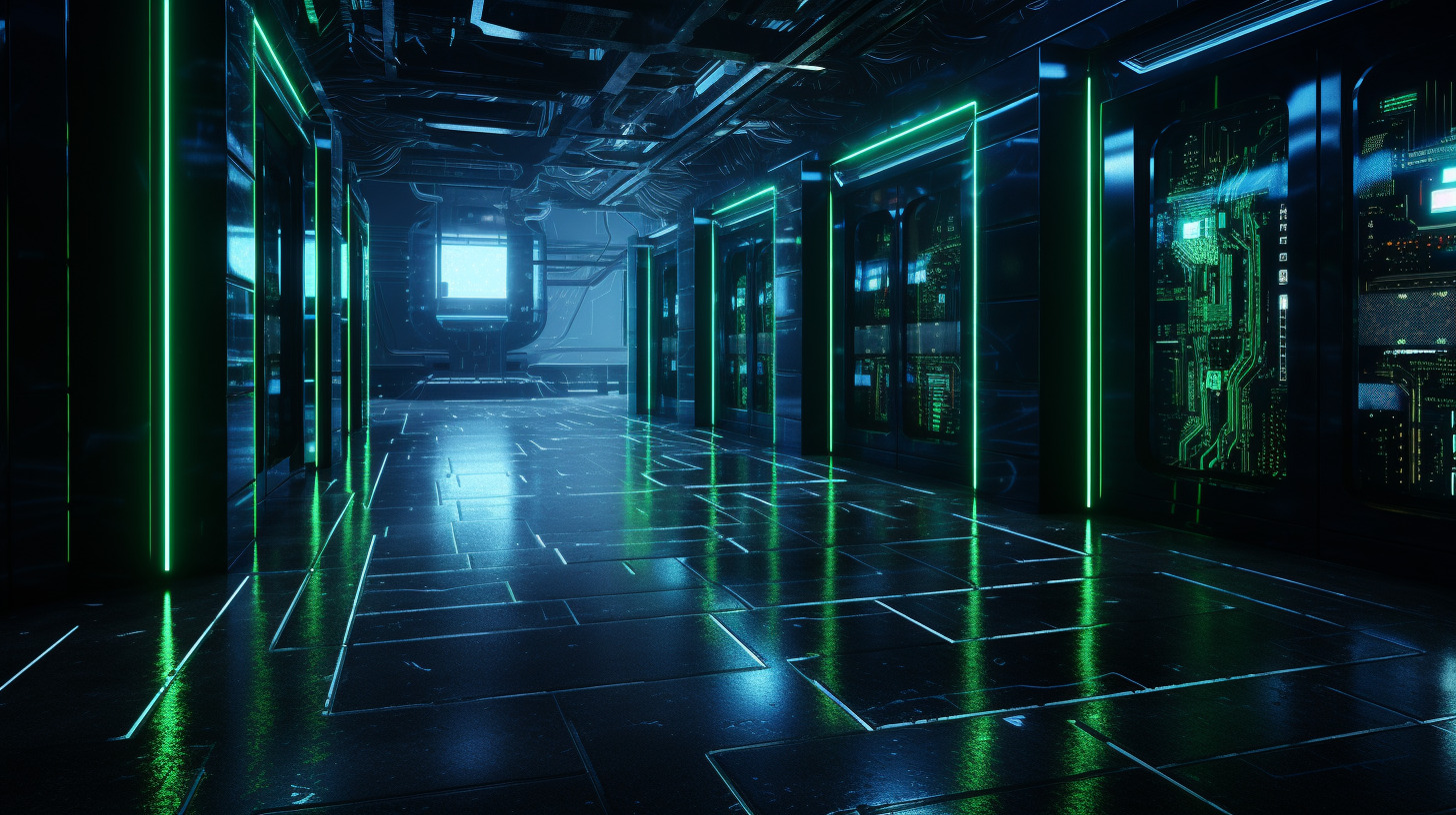 dark scene of glowing server racks